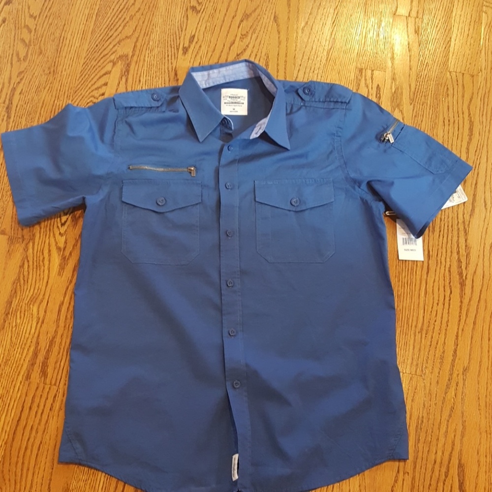 Mens nwt rugged shirt button down shirt solid blue Short Sleeve 100% Cotton Butt